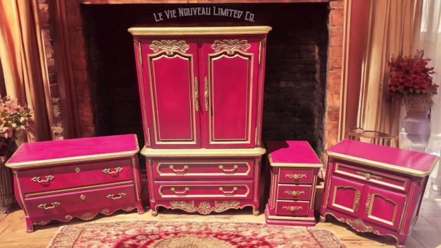 Antique Hot pink 4-piece armoire bedroom set