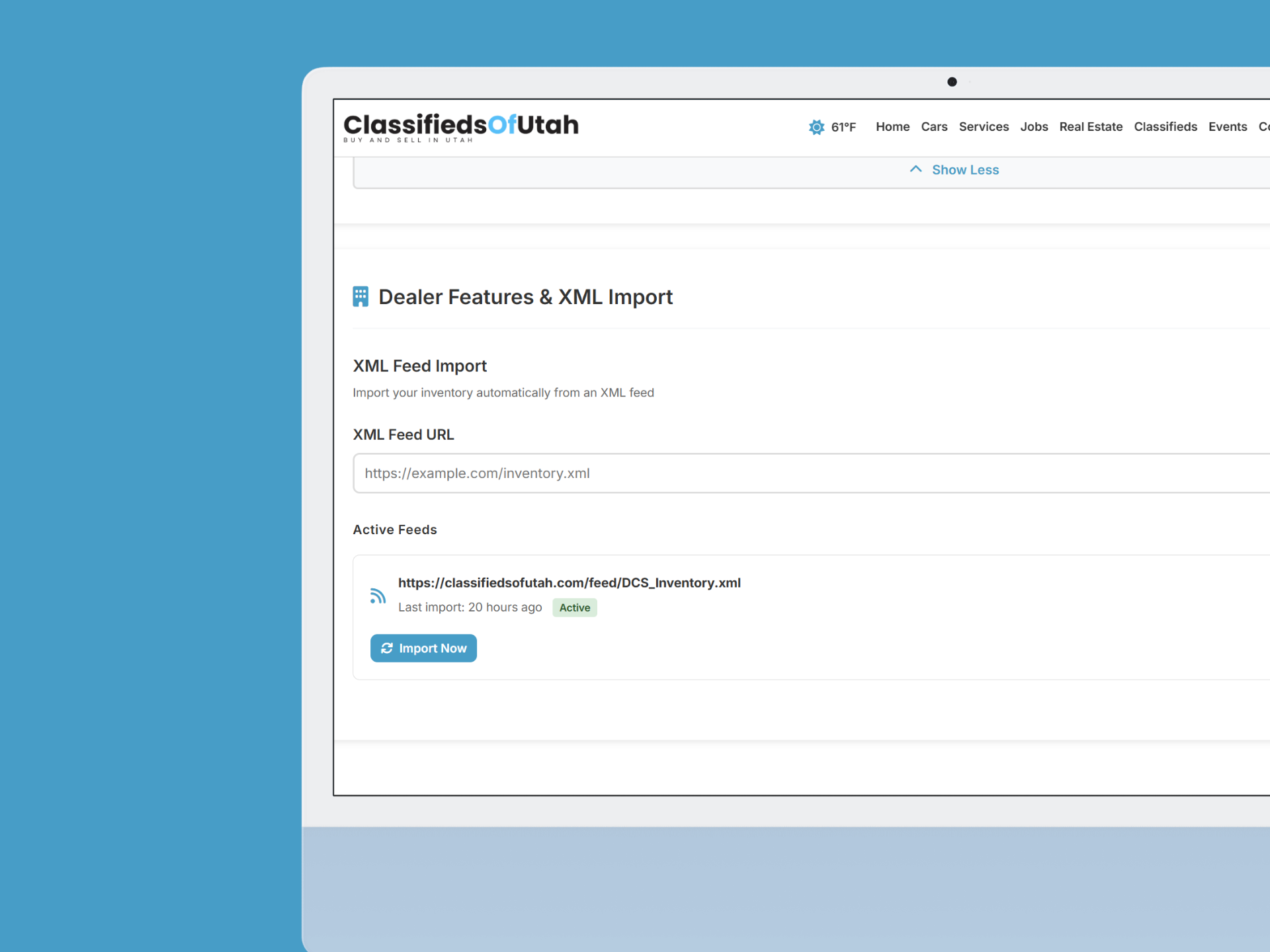 Screenshot of the Dealer Account dashboard showing XML Import features