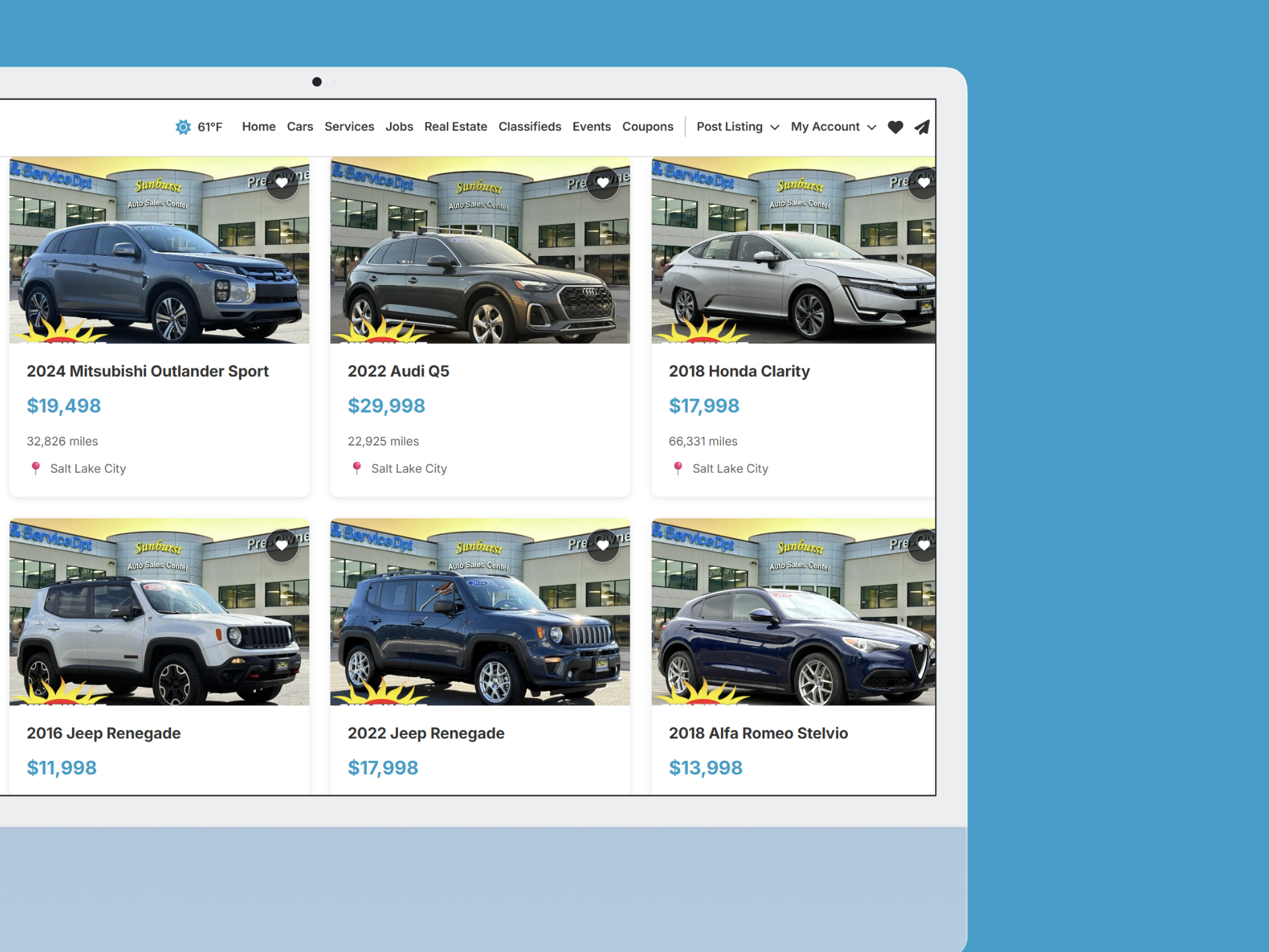 Screenshot showing dozens of car listings from a single dealer